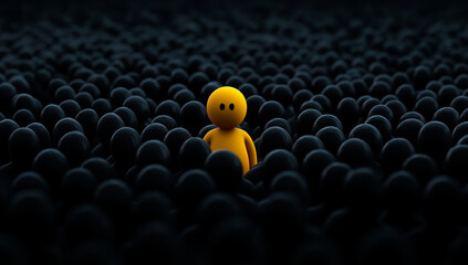 Obraz premium vibrant yellow figure stands out among sea of dark silhouettes, symbolizing individuality and uniqueness in crowd
