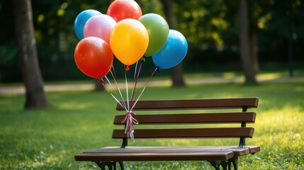 A vibrant bunch of balloons tied to a wooden bench in a sunny park, creating a cheerful and festive atmosphere.