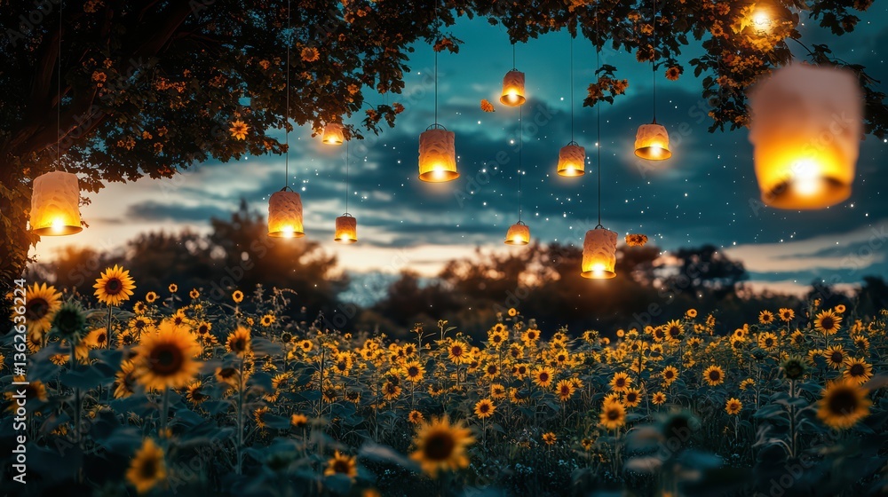 Poster a serene field of sunflowers illuminated by hanging lanterns under a twilight sky, creating a magica