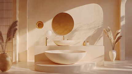 Beige bathroom with warm sunlight