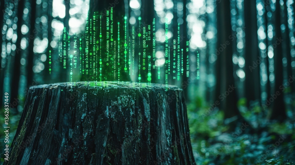 Poster glowing green data charts floating above a tree stump in a peaceful forest, showcasing smart environ