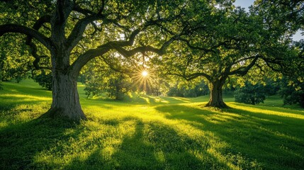 Naklejka premium A serene landscape featuring majestic trees illuminated by sunlight, casting shadows over lush green grass.