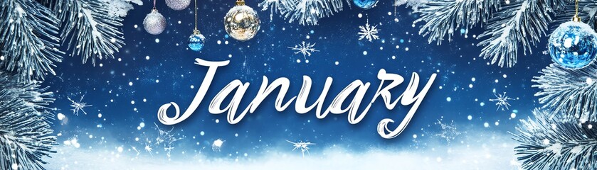 January calendar page surrounded by winter decorations and snowflakes.