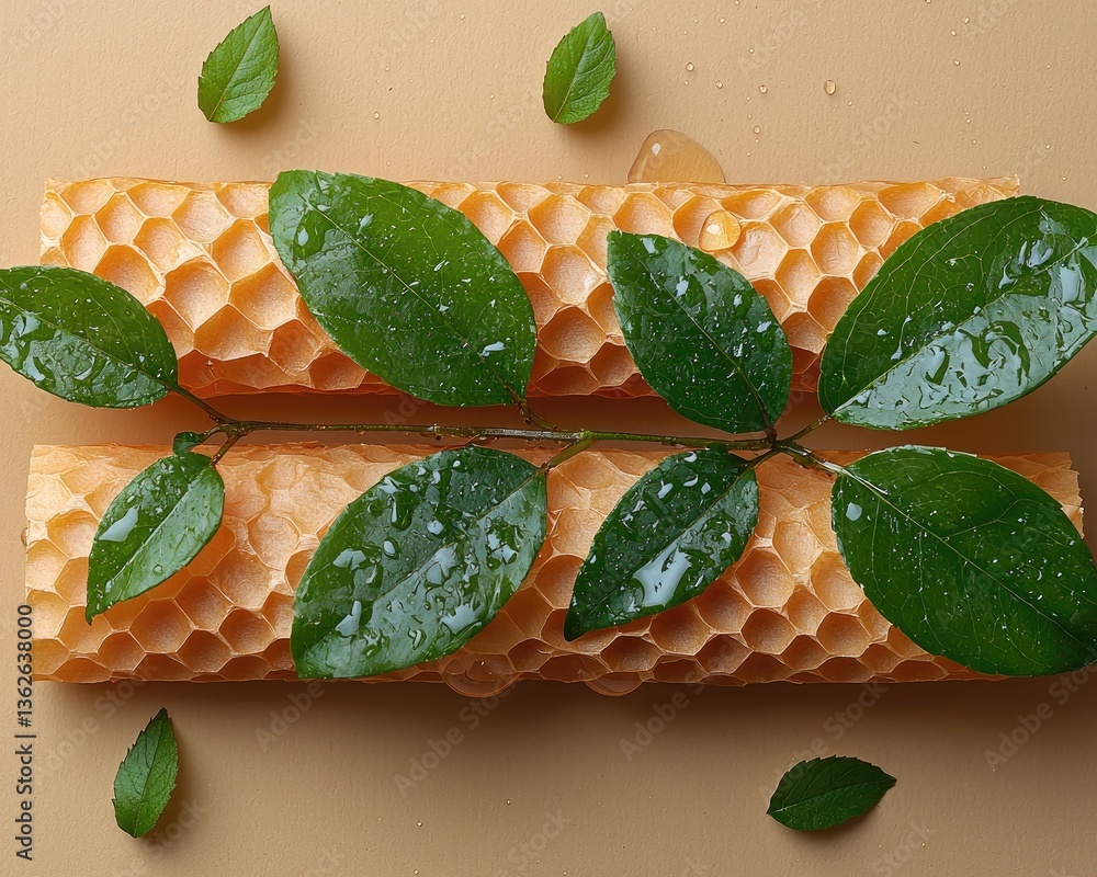 Poster close-up of honeycomb with fresh green leaves and droplets on a soft background