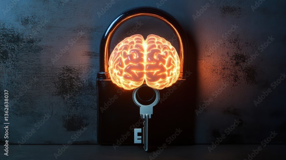 Poster a glowing brain locked in a padlock symbolizes the connection between knowledge and security, repres