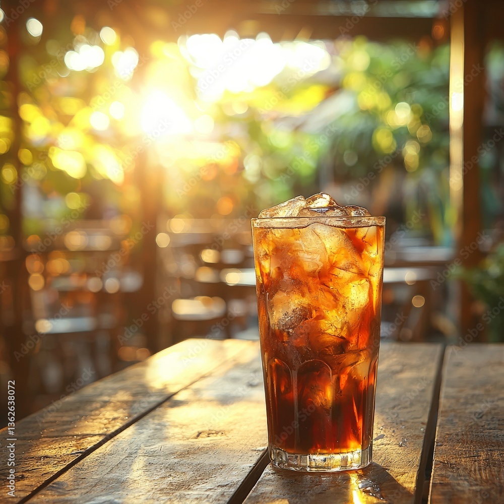 Aufkleber dark soda with ice cubes and lemon served in tall glass on rustic wood surface representing refreshi