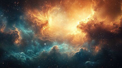 Fototapeta premium Dramatic Cosmic Clouds Illuminated by Fiery Orange and Cool Blue Light in a Stellar Sky