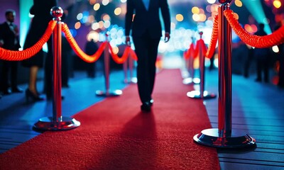 Rolling out the Red Carpet: A VIP strides confidently down a vibrant red carpet.  A glamorous event awaits. Roped barriers create a pathway for the esteemed guest.