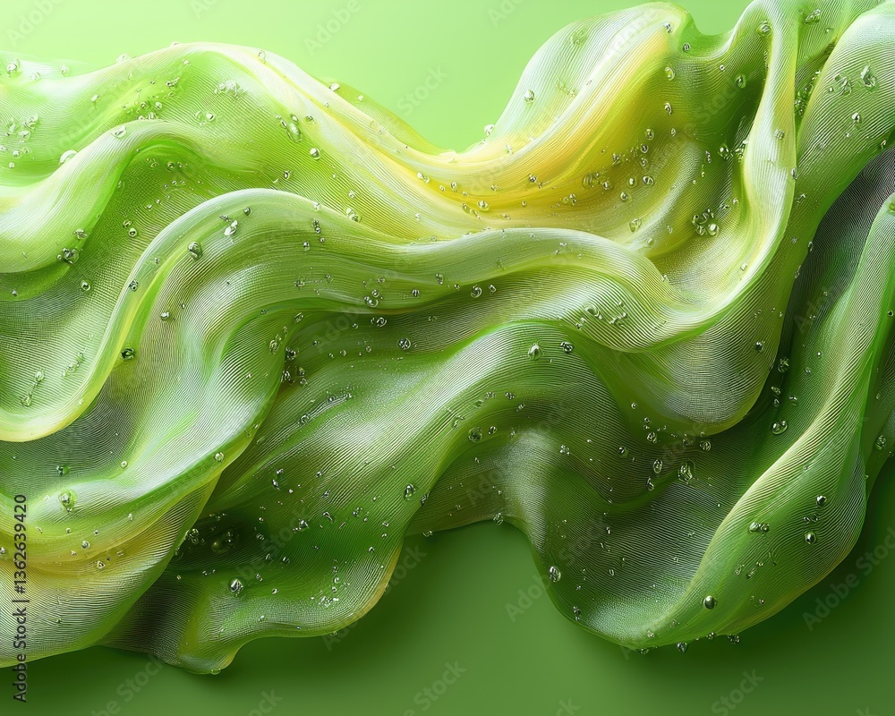 Poster abstract green fabric with flowing waves and droplets, creating a vibrant texture