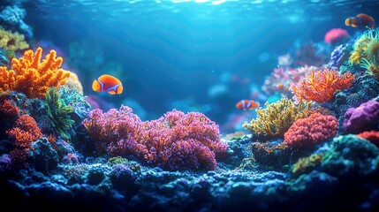 Naklejka premium Vibrant Coral Reef: Underwater Scene of Colorful Fish and Marine Life
