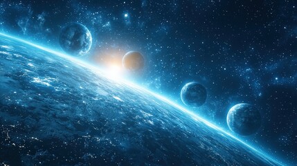 Obraz premium Stunning view of distant planets against a starry night sky with glowing cosmic dust and bright nebula formations