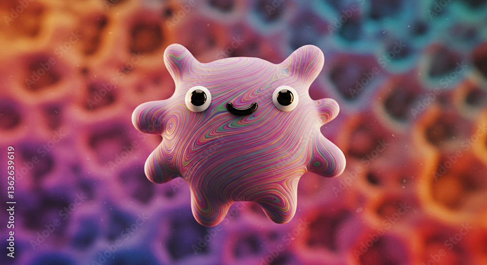 Poster cartoonish pink blob with face floating in colorful space