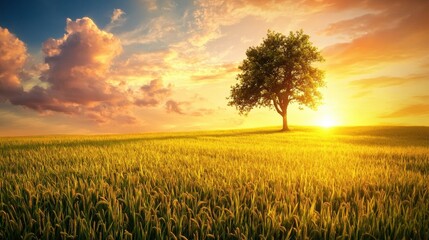 Golden rice fields stretching towards the horizon with a lone tree standing under a glowing sunset.