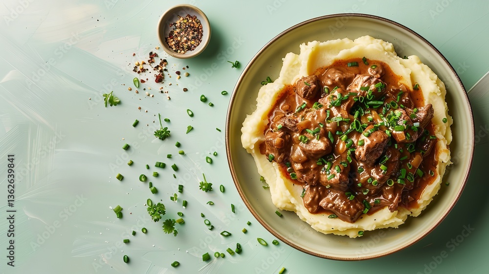 Poster a close-up of beef stroganoff on a dish with mashed potatoes on a light green backdrop with textual 