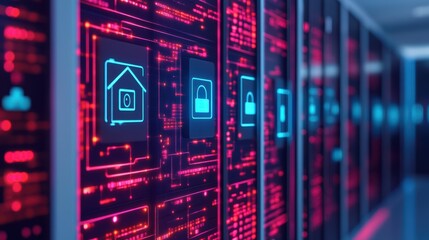 A digital interface displaying security icons and data patterns, emphasizing technology and cybersecurity.