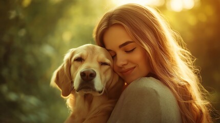 A heartwarming moment between a woman and her golden retriever, capturing joy and companionship in a serene outdoor setting filled with soft sunlight.