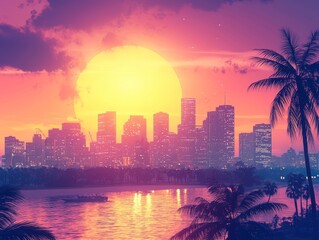 Obraz premium Vibrant Cityscape at Sunset: A Tropical Paradise Underneath Colorful Skies