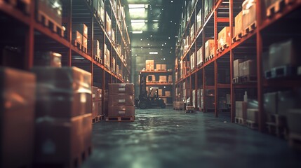 Fototapeta premium Warehouse Interior with Forklift and Rows of Shelves Packed with Boxes