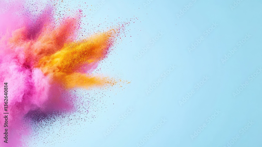 Poster a vibrant explosion of colored powders against a light blue background, creating a dynamic and artis