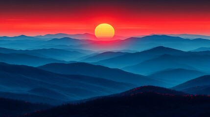 Obraz premium Mountain range fades into the horizon beneath a vivid orange sun