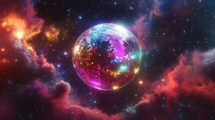 Obraz premium A floating holographic disco ball with prismatic reflections against a cosmic backdrop.