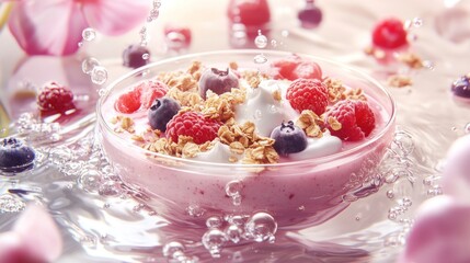 Berry yogurt parfait splashing, granola, flower background, food photography