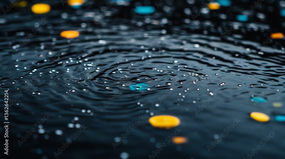 Poster colorful objects fall into dark water, creating ripples and splashes