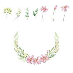 Floral Frame with watercolor pink flowers and green leaves