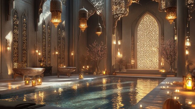 Moroccan spa pool, tranquil interior, glowing lanterns, relaxation