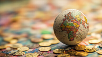 Miniature globe placed on banknotes and coins symbolizing global economy, currency exchange, and international investment. Concept of finance, economics, globalization, and wealth distribution.