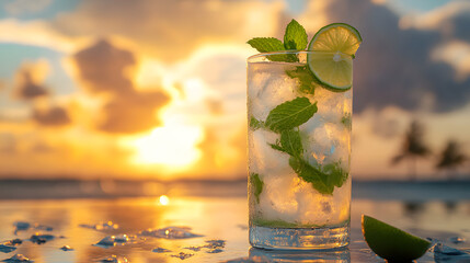 Refreshing mojito cocktail enjoying golden sunset on tropical beach