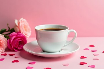 Beautiful coffee cup on light pink backdrop with fresh carnations and little hearts surrounded by confetti, carnations, mother's day