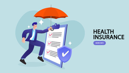 Investment in insurance policy to protect property. care about family life, assurance protection. Contract policy agreement. Insurance design concept with umbrella protection. Vector illustration.