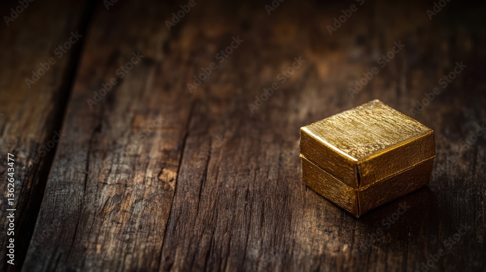 Poster elegant golden box on rustic wooden surface displaying texture and warmth in a vintage setting