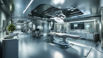 Naklejka premium Surgical procedure preparation high-tech operating room medical facility ultra-modern environment aerial view innovation