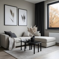 Modern sectional sofa in neutral living room with autumn view