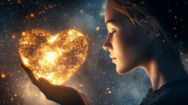 Mother day treasure devotion. A serene woman holds a glowing heart-shaped galaxy, symbolizing love and connection against a cosmic backdrop.