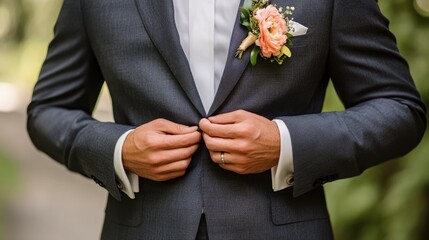 A groom buttoning his jacket, his boutonniere adding a touch of color to his formal look.