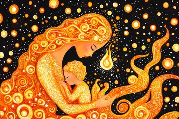 Mother day treasure devotion. A vibrant illustration of a mother and child, surrounded by swirling patterns and glowing orbs, conveying warmth and love against a dark background.