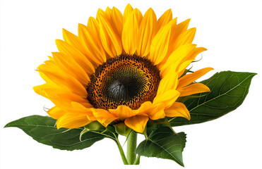 Naklejka premium vibrant yellow sunflower with dark center and green leaves against white background, symbolizing joy and warmth