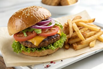 Juicy Cheeseburger with Crispy French Fries A Classic American Meal