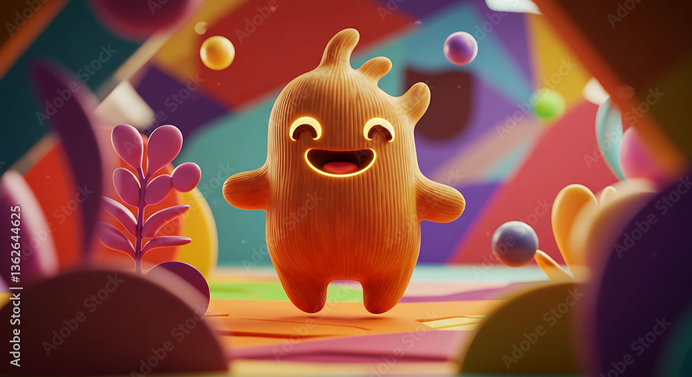 Poster cartoon character with a smile in a colorful setting