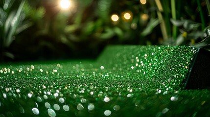 Indoor golf setup featuring advanced putting mats, adjustable tees, and a compact golf simulator, bright artificial lighting, urban vibe
