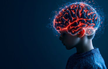 young boy with glowing brain, symbolizing creativity and imagination, stands in profile against dark background. vibrant colors highlight connection between youth and intelligence