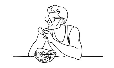 Sport man narcissist with black glasses, admires himself on white background. Sport guy model line art drawing. Vector illustration