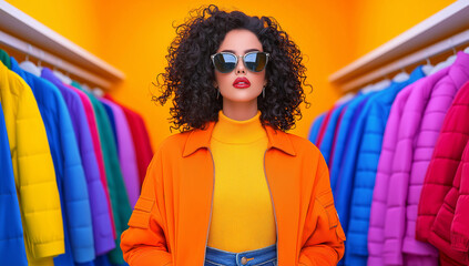 young woman with curly hair and sunglasses poses confidently in vibrant clothing store, surrounded by colorful jackets. Her stylish outfit and bold colors create lively atmosphere