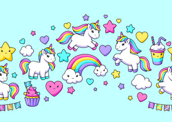 Pattern with unicorns. Happy birthday party background.