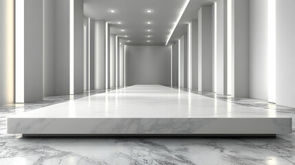Fototapeta premium Modern, white hall with marble floors and pillars Spot lighting overhead