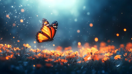Monarch butterfly floats above glowing flowers in soft blue light, with bokeh circles