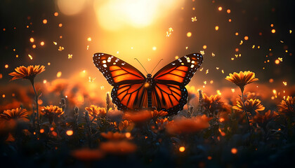 Monarch butterfly in flower field, bokeh lighting